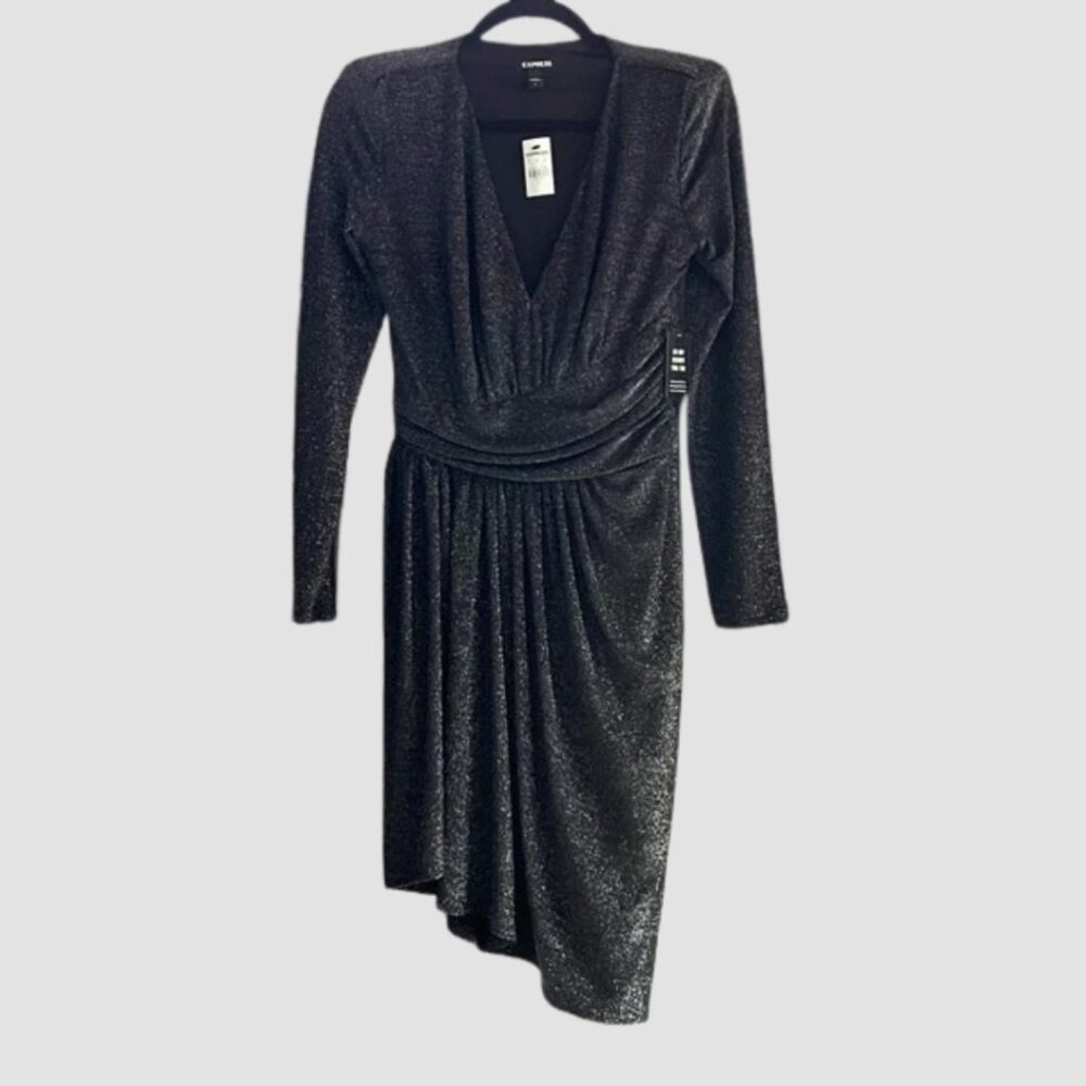 NWT ♡ Express ♡ Black / Silver Cocktail Party Dress w Faux Wrap & Angled Skirt